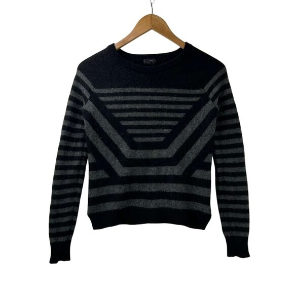 Theory Women's Petite Black Gray Striped 100% Cashmere Crew Neck Sweater - Picture 1 of 10